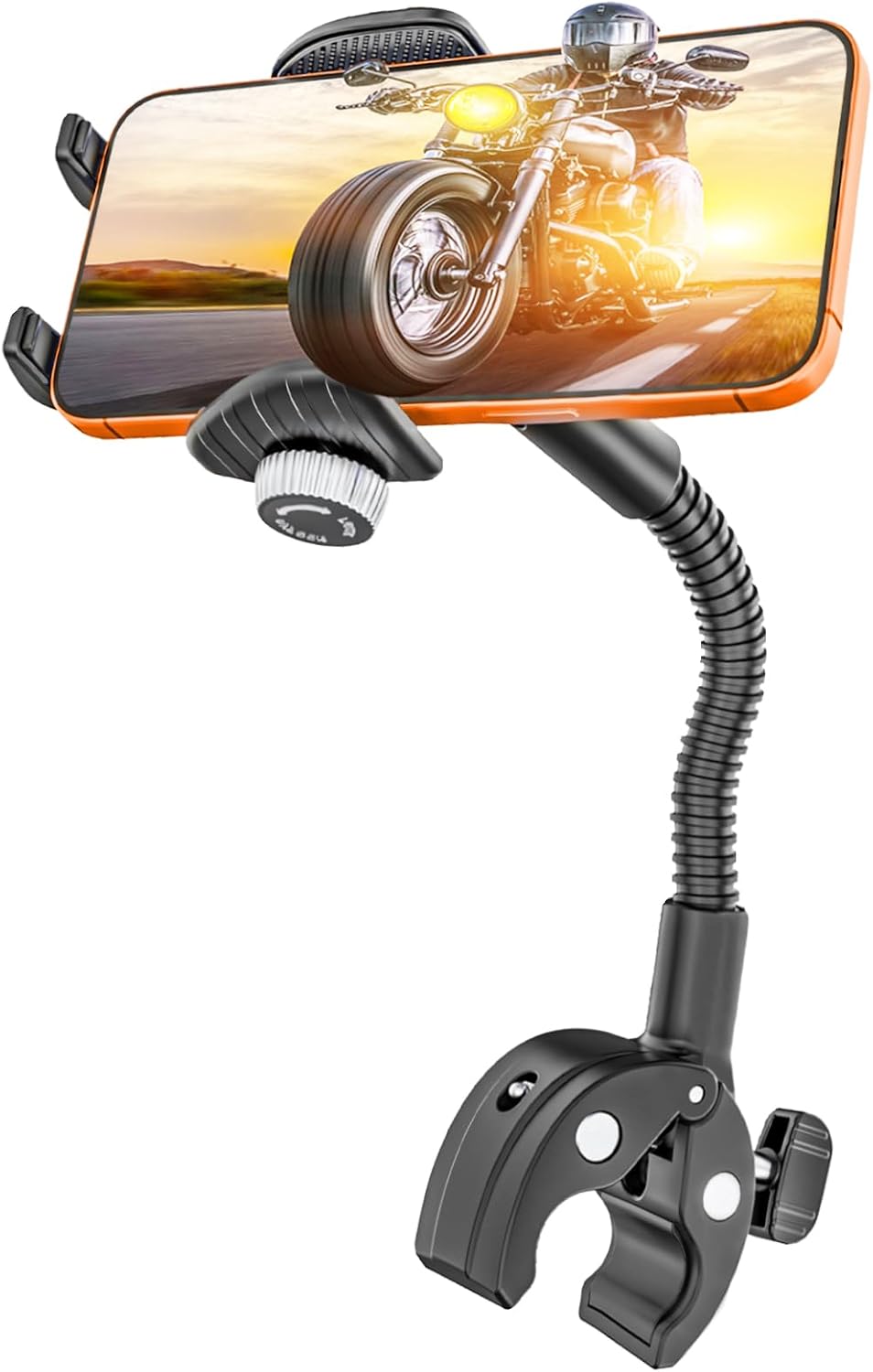 Phone Holder for Bike Handlebar, Gooseneck Motorcycle Phone Mount Clamp, Bicycle Scooter Cell Phone Clip for Adults Kids, Bike Bicycle Ebike Gear Accessories, for iPhone 17 16, 4-7" Phones