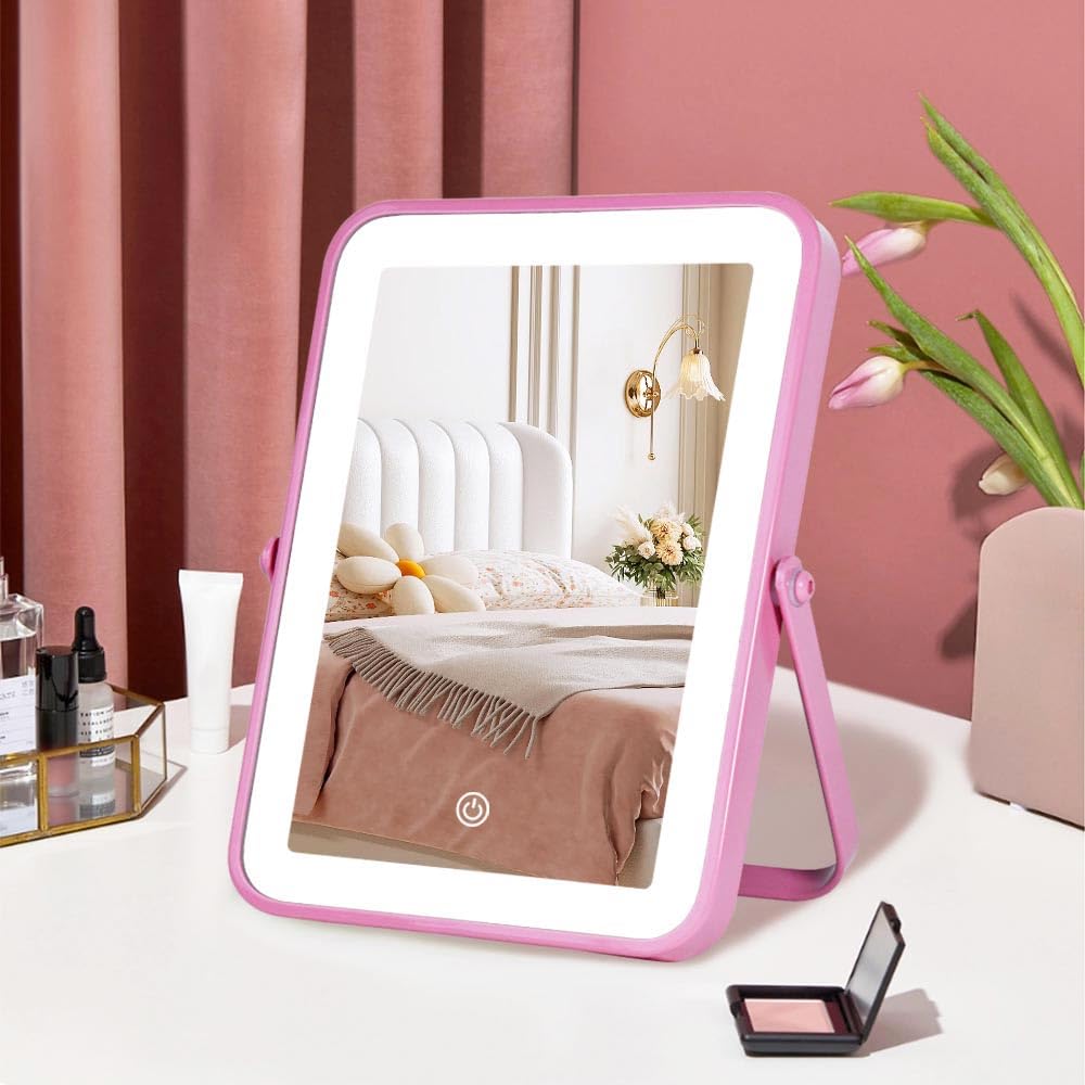 YEKKOPT Rechargeable Vanity Mirror with Lights,Desk Makeup Mirror with Lights,Portable Travel for Makeup Desk ＆ Dressing Room,3 Color Lighting, Dimmable Touch Screen