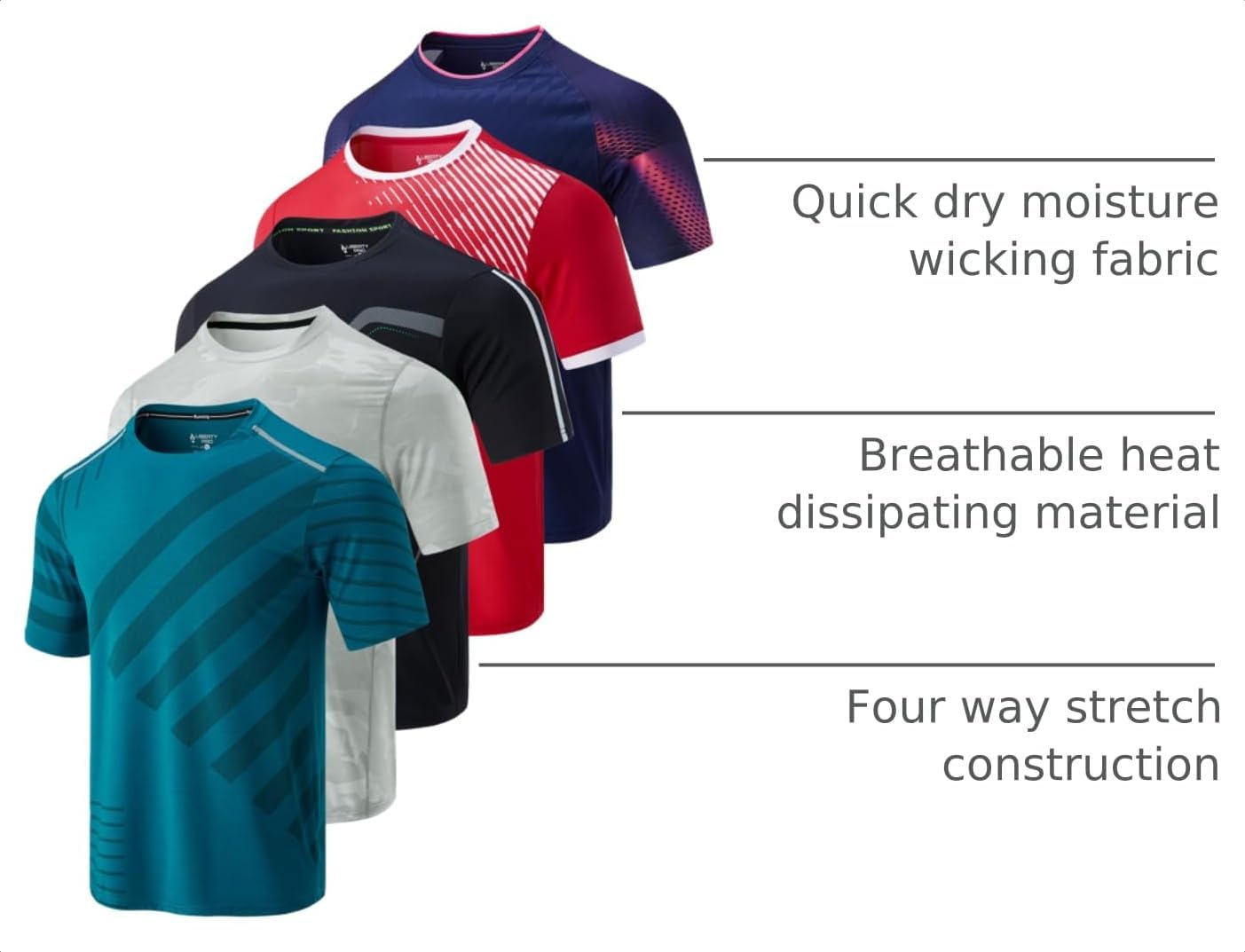 5 Pack Men’s Active Quick Dry Crew Neck T Shirts | Athletic Running Gym Workout Short Sleeve Tee Tops Bulk