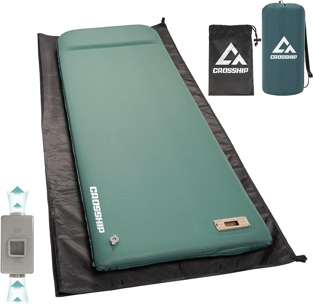 Self Inflating Sleeping Pad with Waterproof Tarp, 3.2" Extra Thick Built-in Electric Pump Air Mattress for Car Camping, R-Value 9.5 All-Season Winter Gear, Roll-up Compact Mat