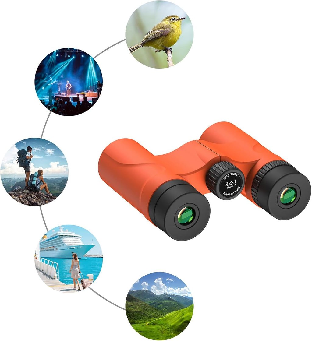 8x21 Compact Binoculars for Adults and Kids, Lightweight Pocket BAK4 Prism FMC Lens, Waterproof Shockproof for Bird Watching Travel Camping Concerts Hiking (Orange)
