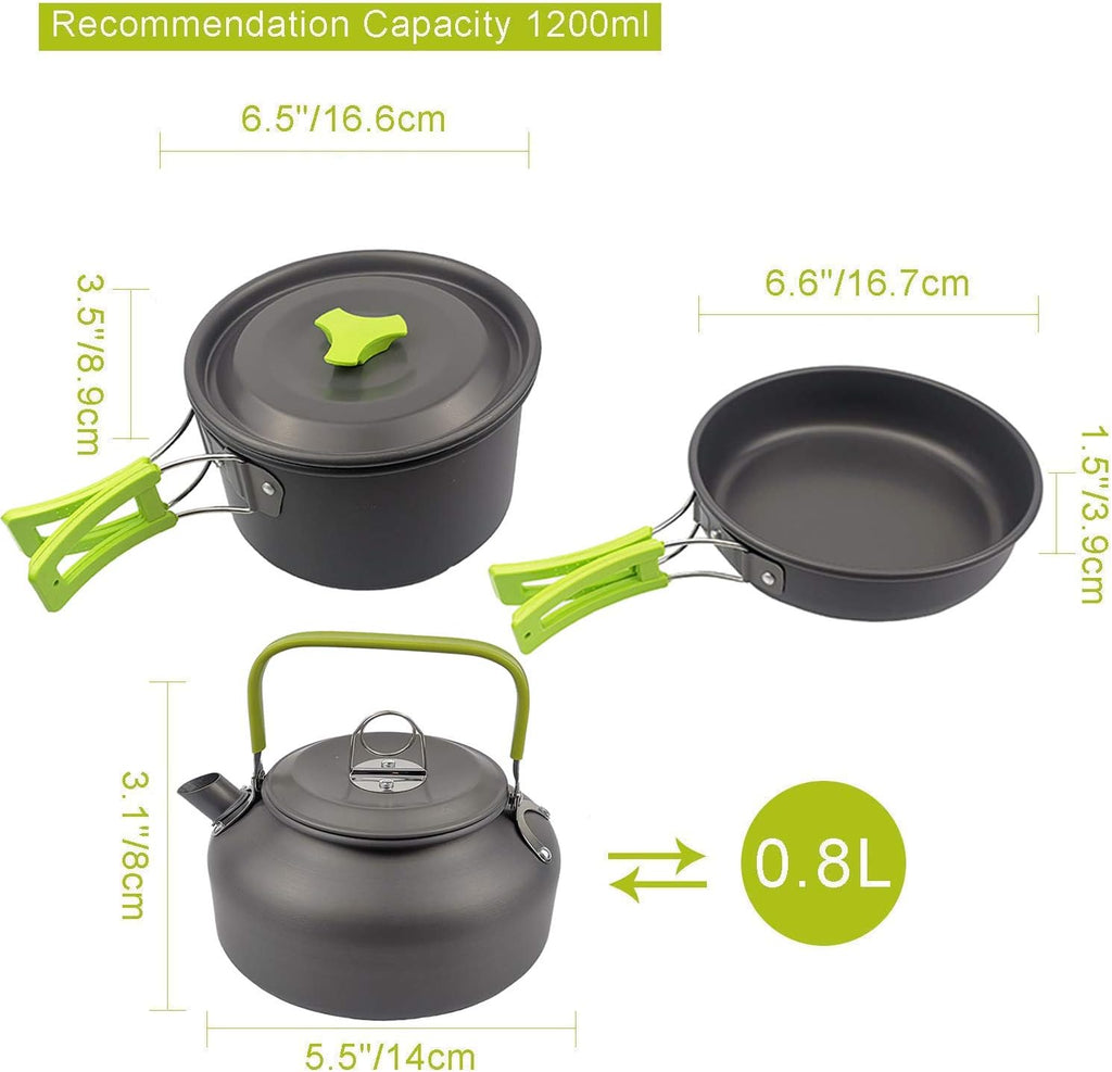 Peidesi Camping Cookware Mess Kit, Portable Camp Stove Pots and Pans Set, Carabiner, Folding Knife, Fork Spoon Kit, Carry Mesh Bag,Teapot for Backpacking, Outdoor Camping, Hiking and Picnic（16Pcs）