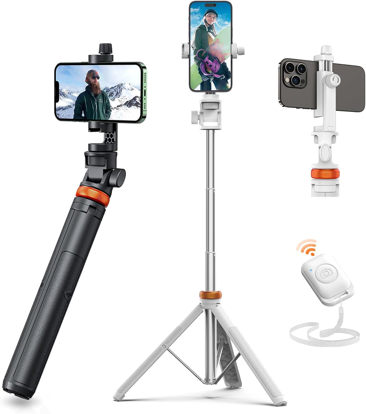 EUCOS 62" Two Sets Phone Tripod, Selfie Stick Tripod with Remote & Lightweight Design, Compatible with Action Camera & Smartphones (2.2" to 3.6")