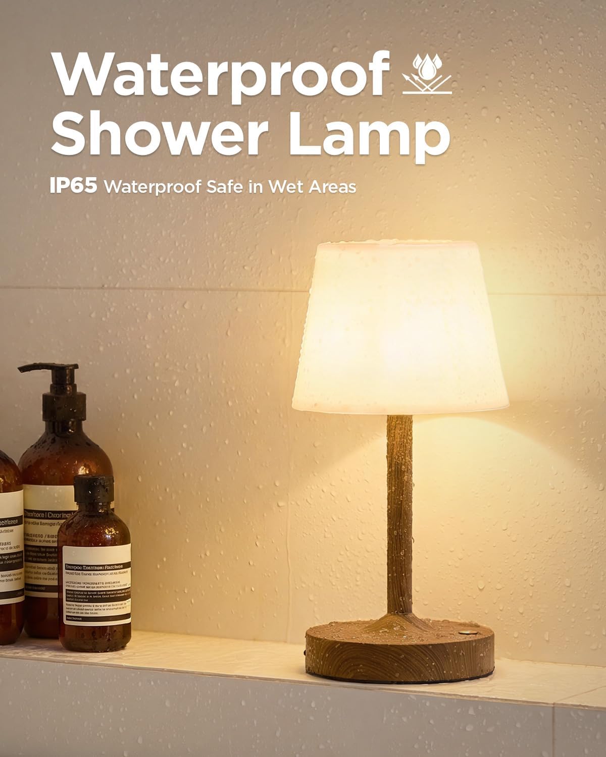 IP65 Waterproof Rechargeable Shower Lamp, Cordless Bathroom Touch Lamps