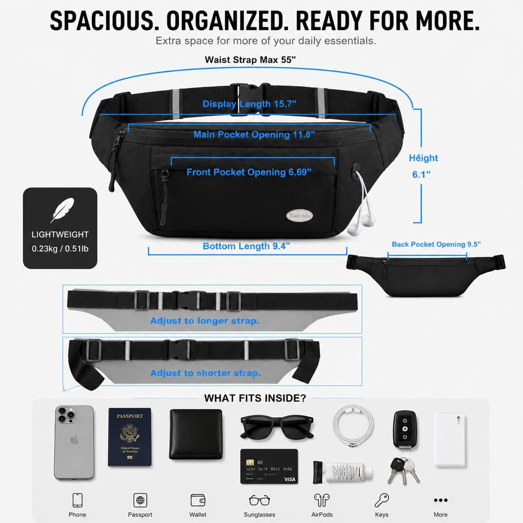 Entchin Water-Resistant Fanny Pack, 4-Zipper Belt Bag