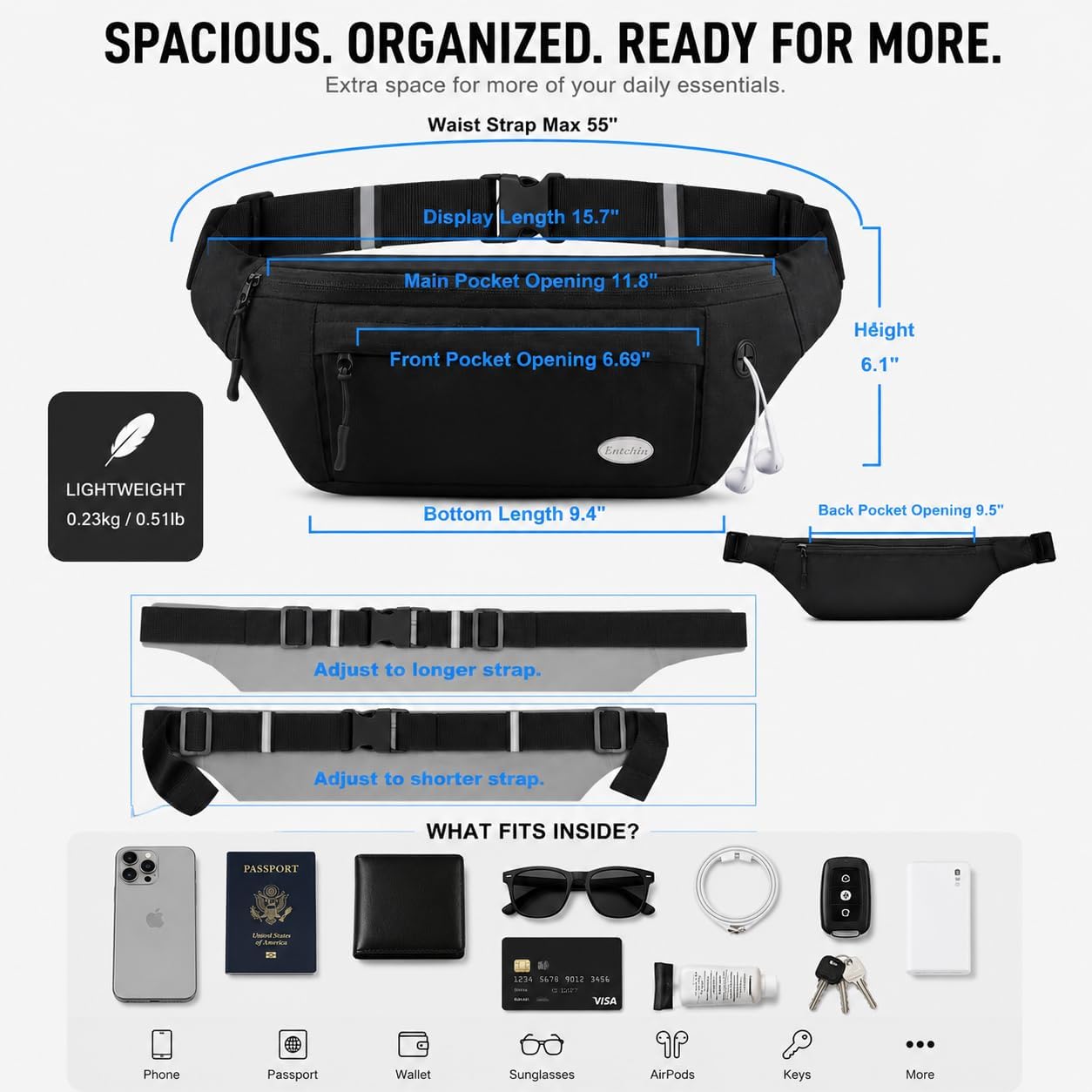 Entchin Water-Resistant Fanny Pack, 4-Zipper Belt Bag