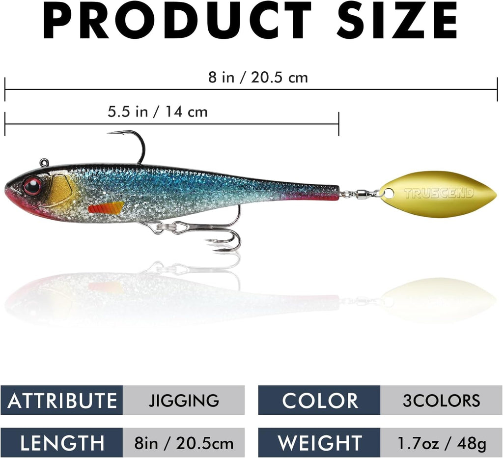 TRUSCEND Shadtale Easy Catch Soft Fishing Lures with BKK Hooks - Trembly Sinking and Vibrating Swim for More Bites, Pre-Rigged Swimbaits for Bass, Trout, Crappie, Walleye, Freshwater Saltwater Fishing