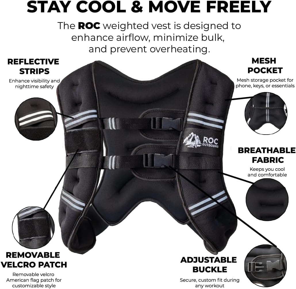 Roc Outdoors Weighted Vest W/ Rub-Free Technology for Woman and Men, 5lb/10lb/15lb/20lb/30lb Weight Vest with Reflective Stripe for Workout, Strength Training, Running, Walking, Fitness, Weight Training, Weight Loss, Weightlifting