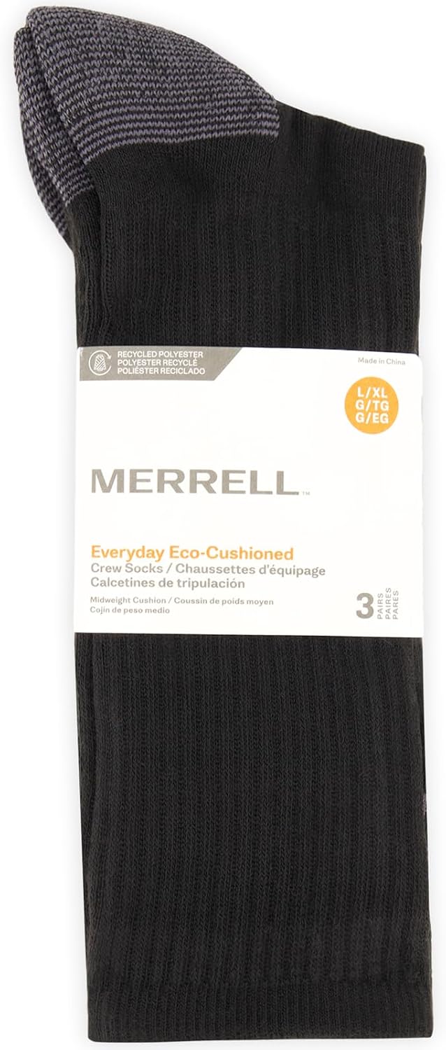Merrell Unisex Eco Cushioned Crew Socks, Recycled Sustainable Hiker With Targeted Cushion