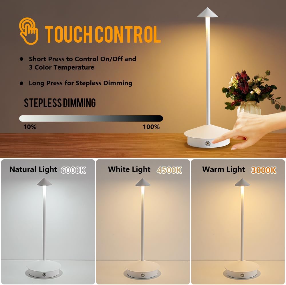 2 Pack LED Rechargeable Cordless Table Lamps,Portable Outdoor 5000mAh Battery Operated Table Light Touch Control 3 Color Dimmable for Patio/Cofee/Restaurant/Camping/Dining/Bedroom-White