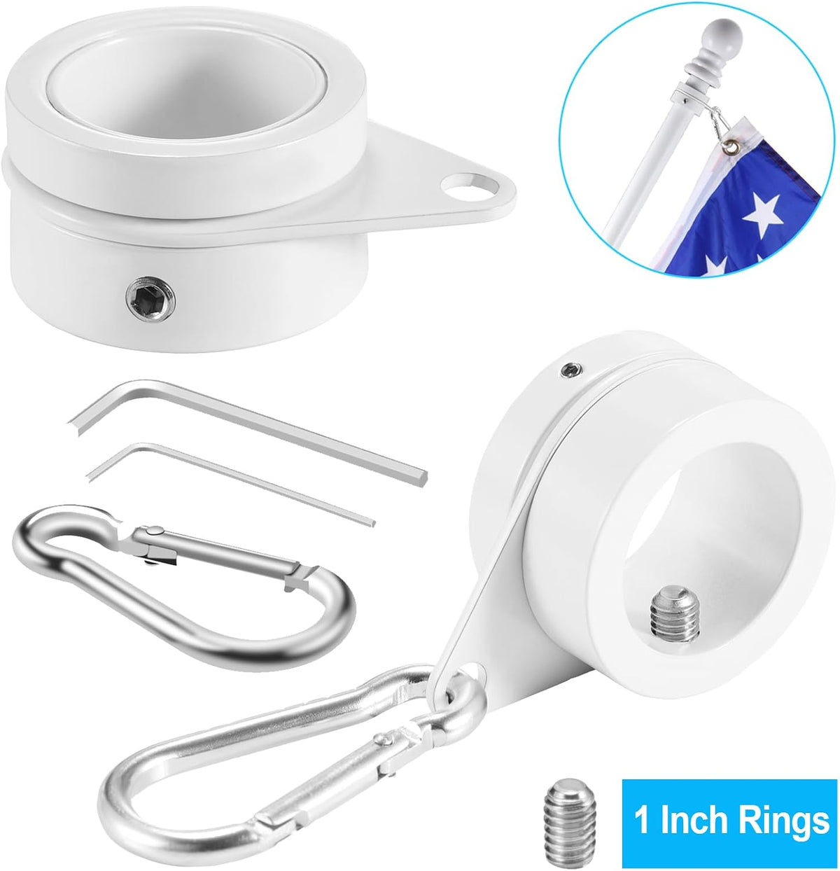 BONWIN 1" White Flag Pole Rings, 2 Pcs Anti Wrap Aluminum Alloy Flag Pole Clips Swivels, 360° Rotating Flagpole Flag Mounting Rings, Spinning Flag Pole Kit for 0.75-1.02" Diameter (1 Inch, White)