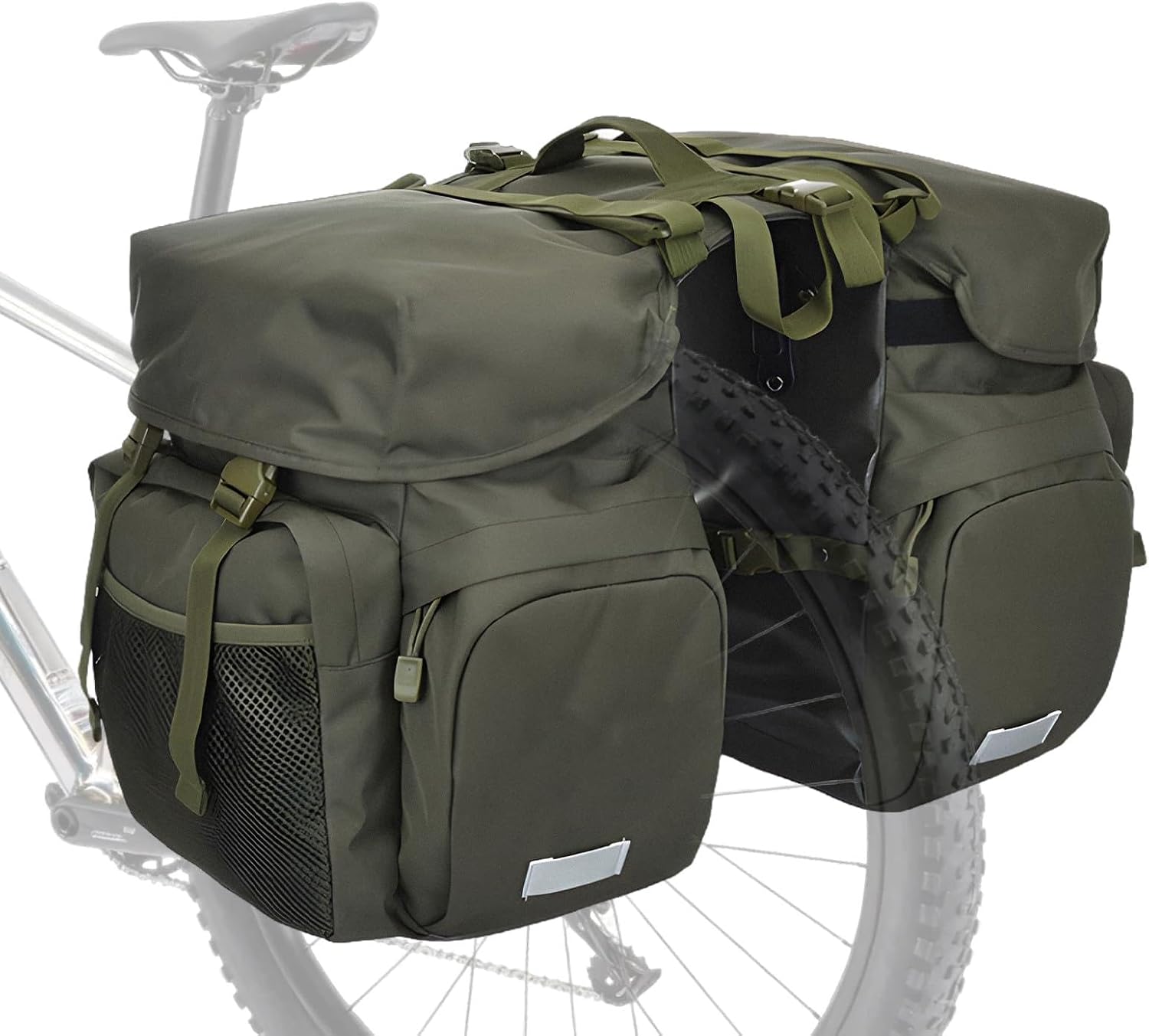 Large Saddle Bags for Bike Rear Rack,Waterproof 50L Panniers Bike Bags for Bicycles/MTB/E-Bike,Bike Trunk Bag With Reflective Stripes,Support for Width Less Than 7 Inches Bike (Army Green,50L)