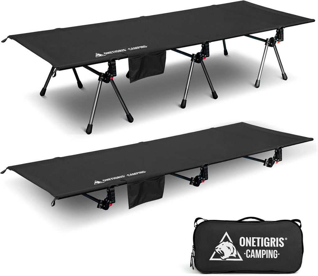 ONETIGRIS SUPRANUBIS Camping Cot, Height Adjustable with Cot Leg Extenders, Strong Support 330lbs, Lightweight Comfortable Folding Bed for Camping, Hiking, Travel, Truck, Beach, Office Nap