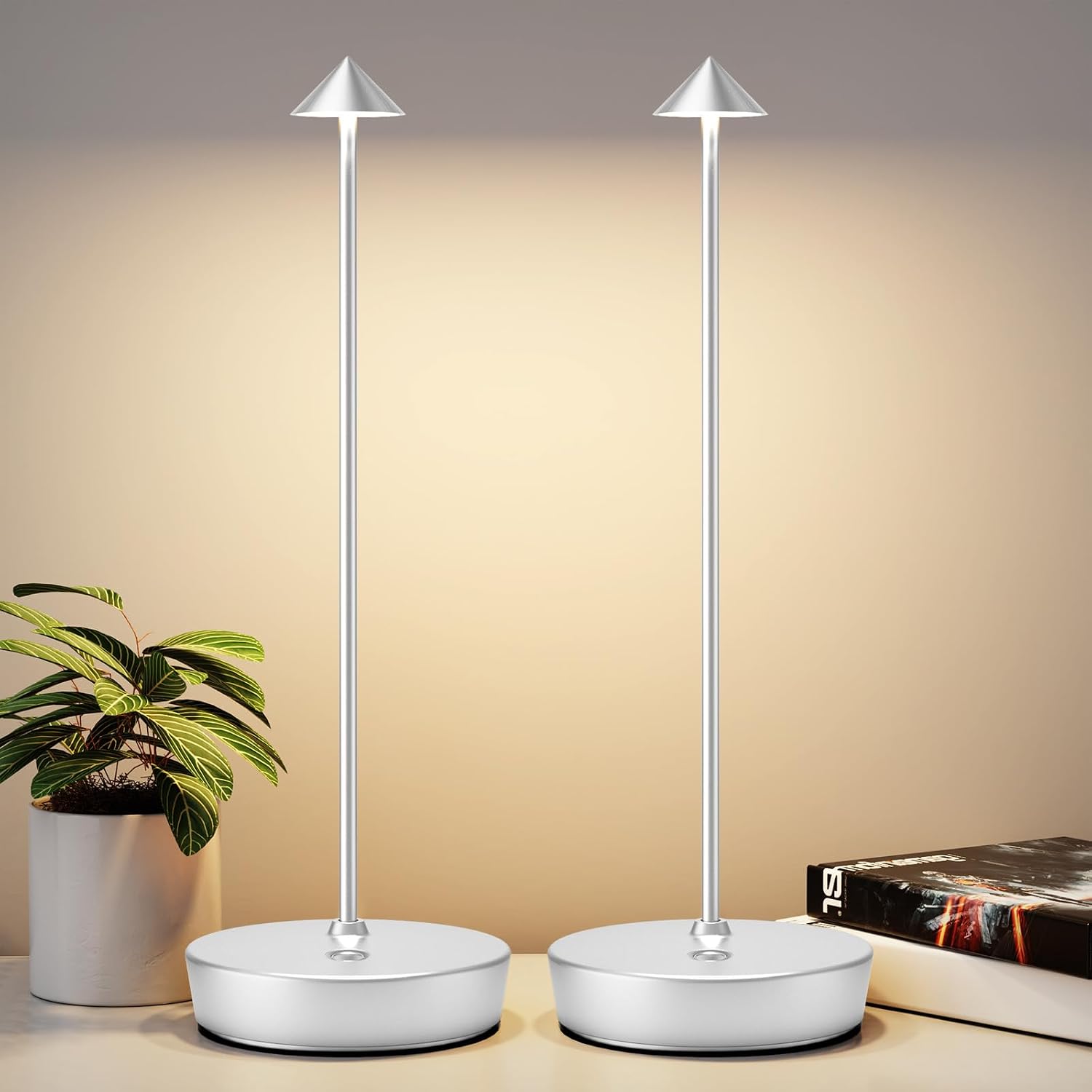 2Pack Rechargeable Cordless Table Lamp, Portable Powered LED Battery 6000mAh Metal USB Desk Lamp, 3 Levels Brightness Light for Restaurants Outdoor (2pack Silver)