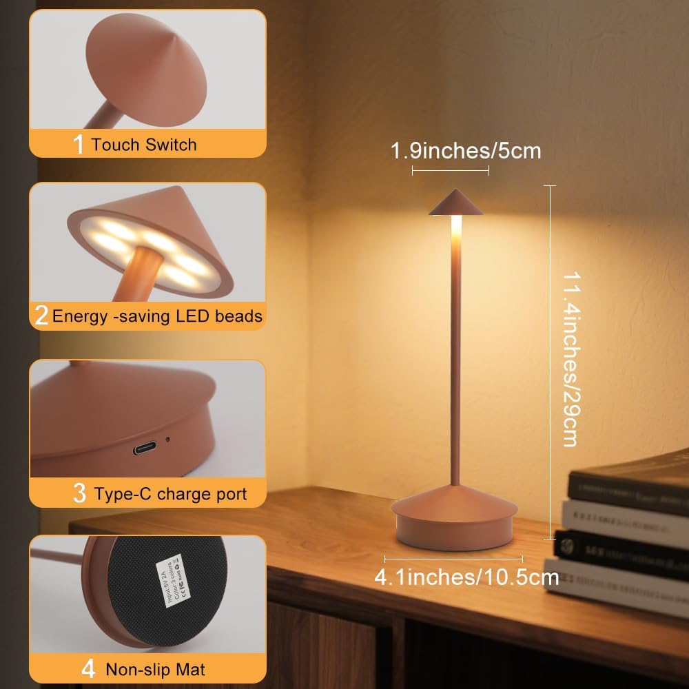 2 Pack Aluminum Cordless Table Lamp, 6000mAh Rechargeable Table Lamps, Portable Touch LED Lamp, Outdoor Waterproof Dimmable Cordless Rechargeable Table Lamps for Restaurant/Patio-(Brown)