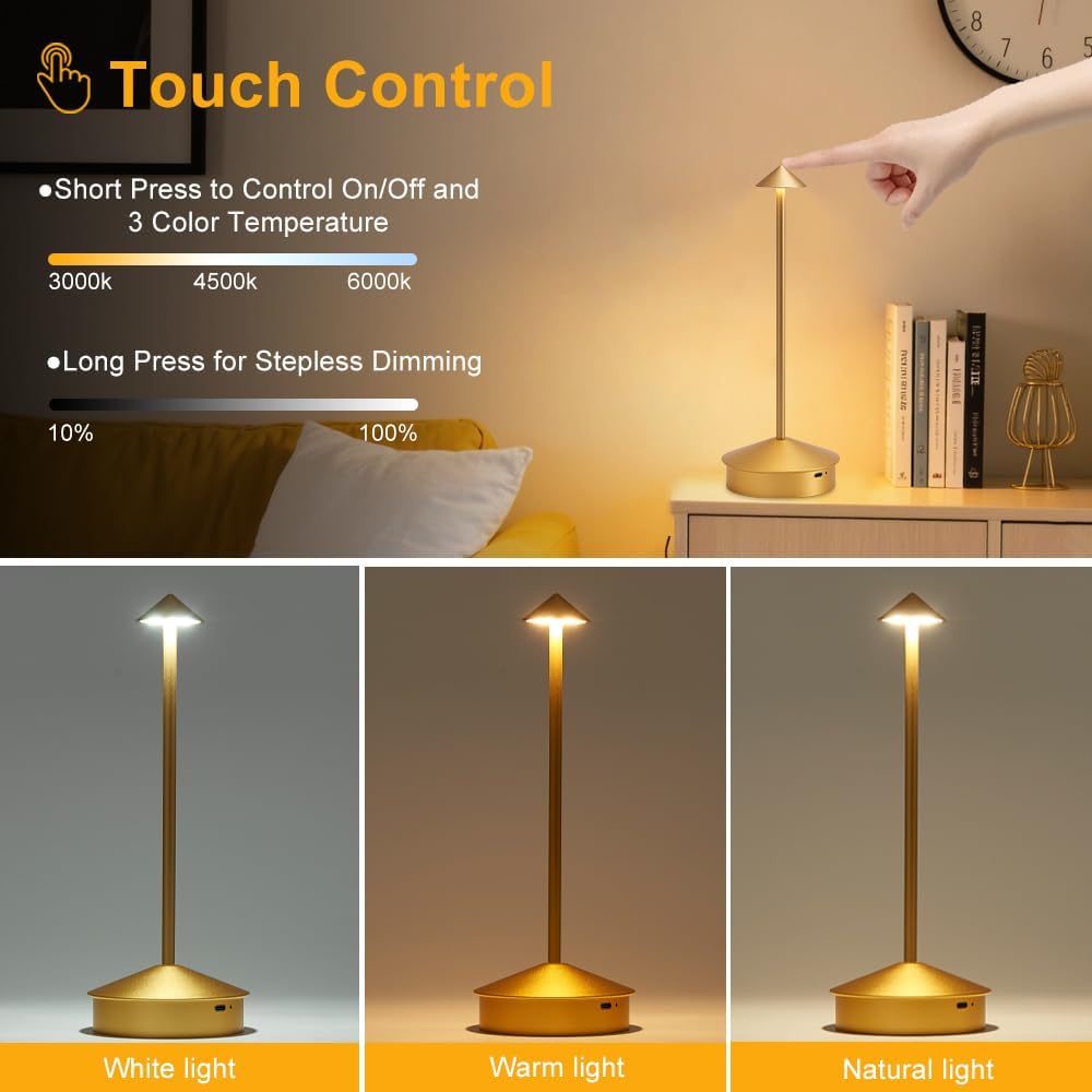 EJQ Cordless Table Lamp,Portable LED Table Light, Rechargeable 6000mAh Battery Operated, 3 Color Stepless Dimming Up Touch Lamp for Restaurant/Bedroom/Bars/Outdoor Party/Camping/Camping Light(Gold)
