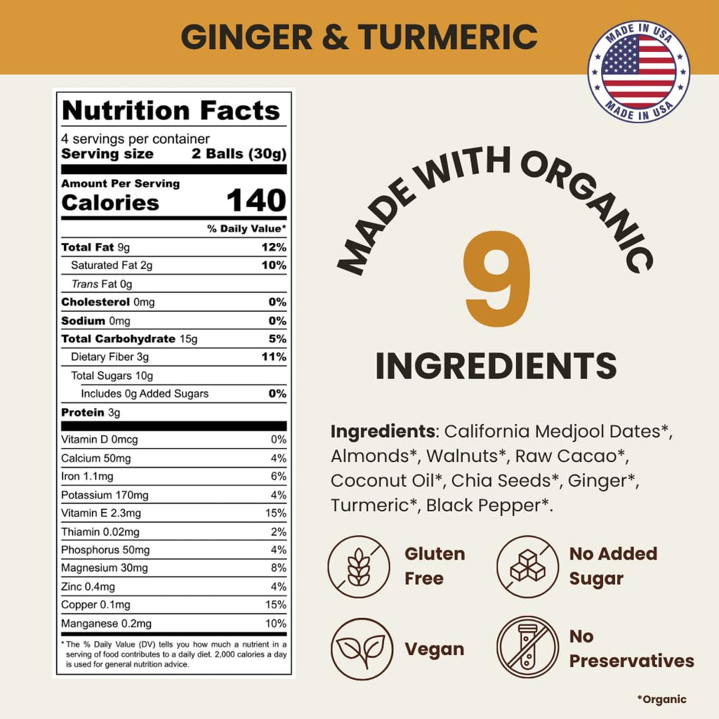 DATI Date Bites, High Fiber Healthy Snack, No Added Sugar, Ginger Turmeric