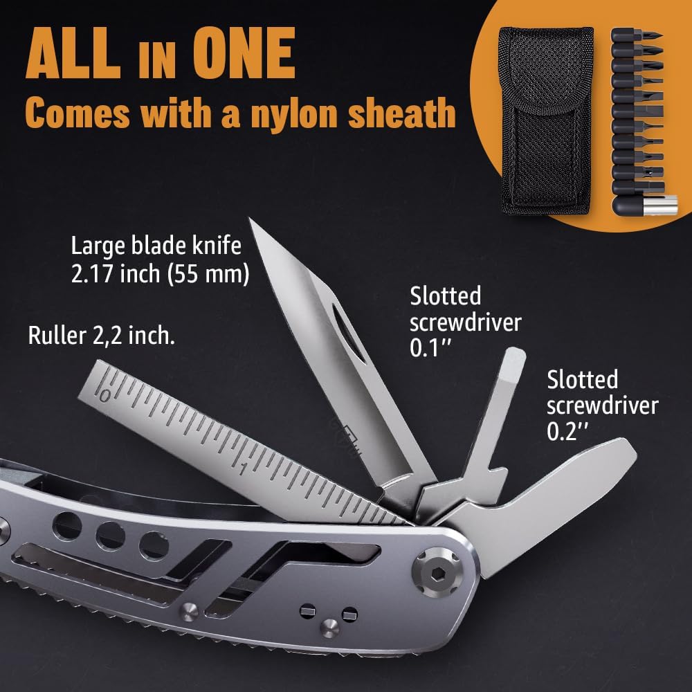 24-in-1 Multitool with Knife, Pliers & 11 Bits Sharp Stainless Steel - Multi Tool for Men - Ideal Gear with Tools for Camping Hiking, Survival, EDC - Best Gifts for Husband Boyfriend 2238