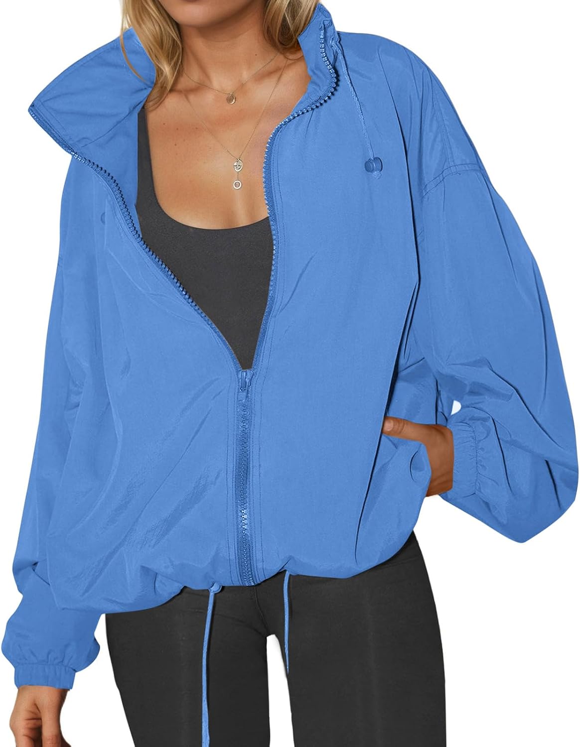 Yousify Womens Waterproof Rain Jackets Lightweight Zip Up Raincoat Outdoor Hiking Hooded Windbreaker with Pocket
