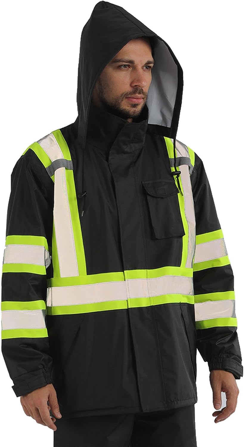 sesafety Hi Vis Rain Jacket, Rain Suits for Men Waterproof withBlack Bottom