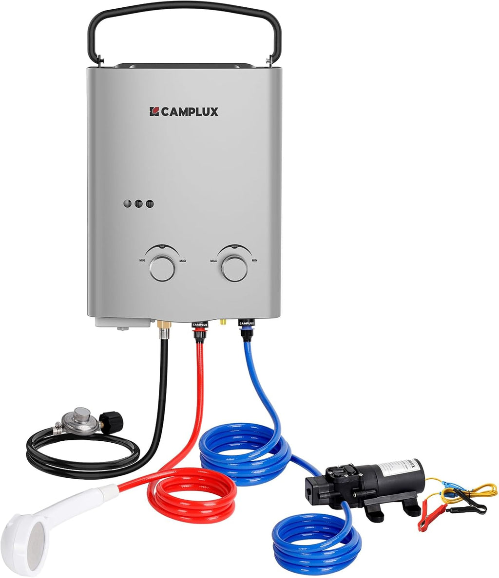 CAMPLUX 5L Portable Tankless Water Heater, 1.32 GPM Outdoor Propane Shower for Camping, RV, Off-Grid, Instant Hot Water with Folding Handle, Overheat Protection, Low Pressure Startup, AY132, White