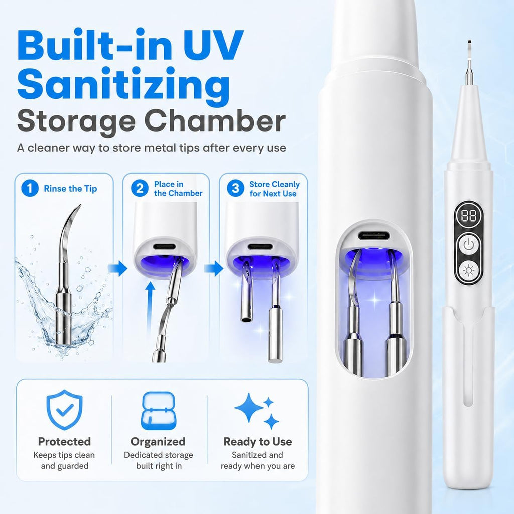 Dog Plaque Remover kit,with UV Sanitizing Chamber,6 Modes,Waterproof | Stores & Sanitizes Metal Tips After Use,6 Cleaning Modes for Different Needs,dog teeth cleaning,plaque remover for teeth