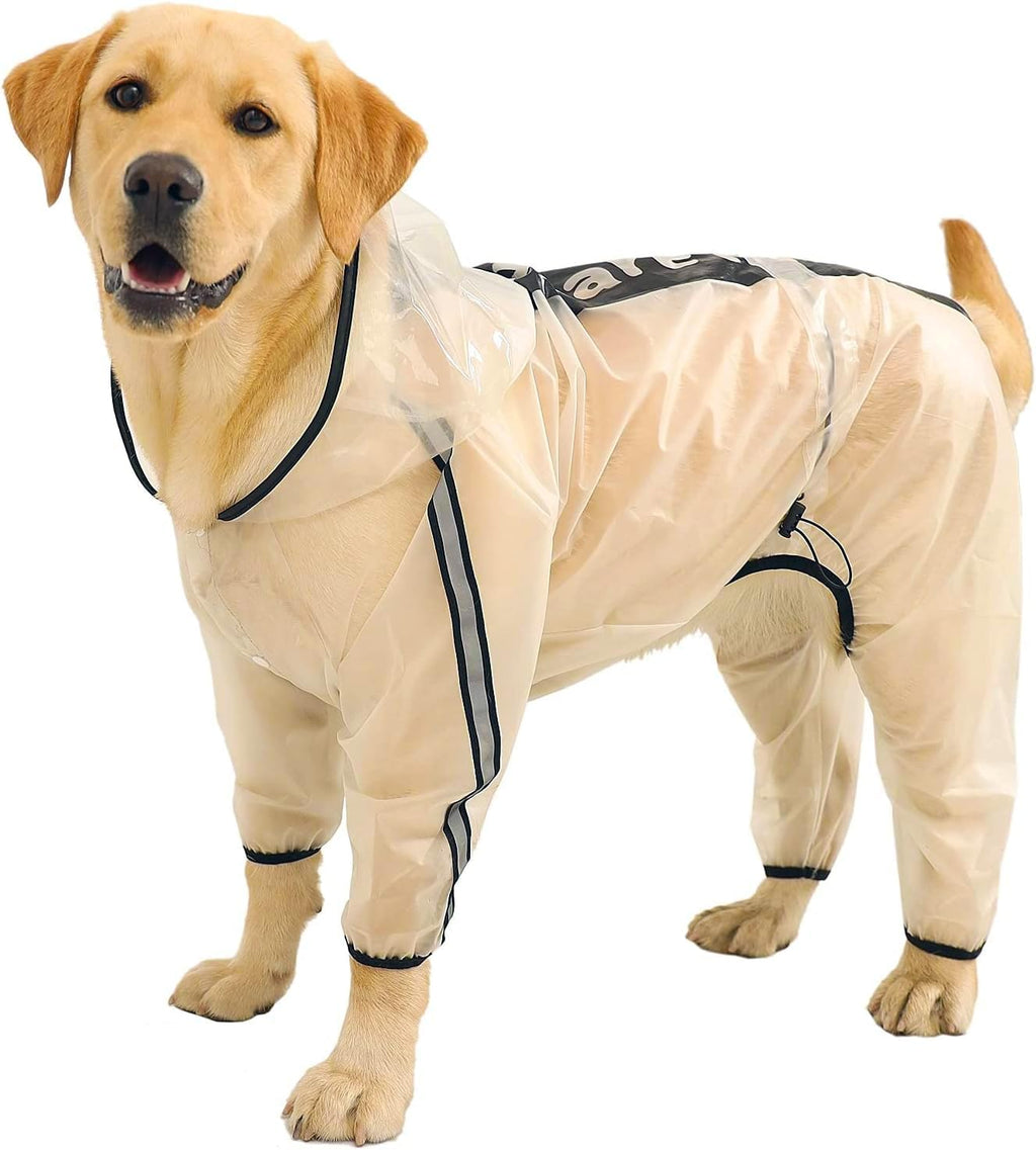 Olsa Dog Raincoat, Dog Hooded Slicker Poncho, 4 Legs Rain Jacket with Reflective Stripe, Transparent Water Proof Resistant Rain Snow Clothes for Small Medium Large (Black, 4XL)
