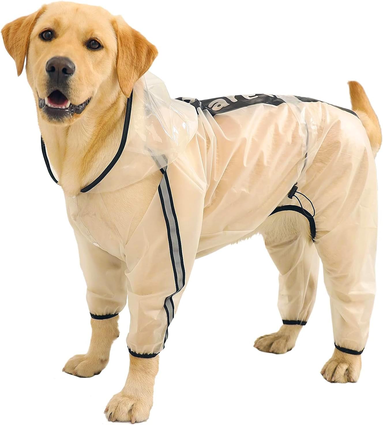 Olsa Dog Raincoat, Dog Hooded Slicker Poncho, 4 Legs Rain Jacket with Reflective Stripe, Transparent Water Proof Resistant Rain Snow Clothes for Small Medium Large (Black, 4XL)