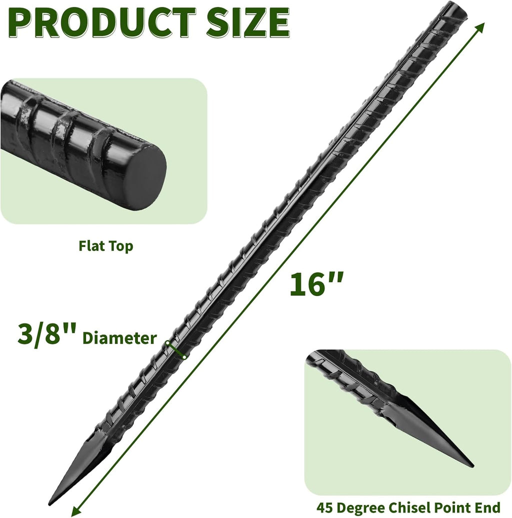 Besitu 16 inches Rebar Stakes Heavy Duty (34-Pack) Metal Spikes for Concrete Timber, Garden Plant, Straight Steel Stakes for Tent, 3/8" Thickness Ground Anchors with Chisel Point End, Black