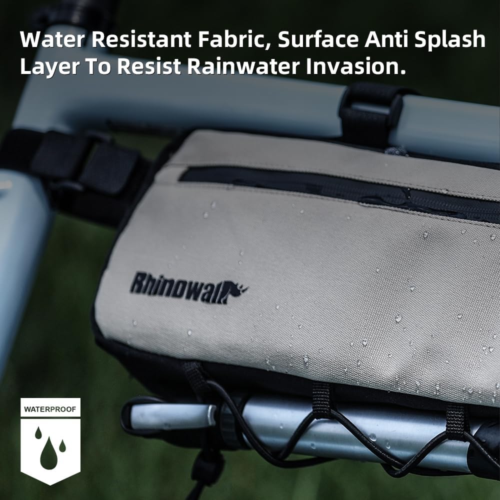 Rhinowalk Bike Frame Bag Waterproof, Top Tube Bicycle Bag with Side Compartments, Pump Holder, and Hidden Cable Port, (2.7L, Beige)