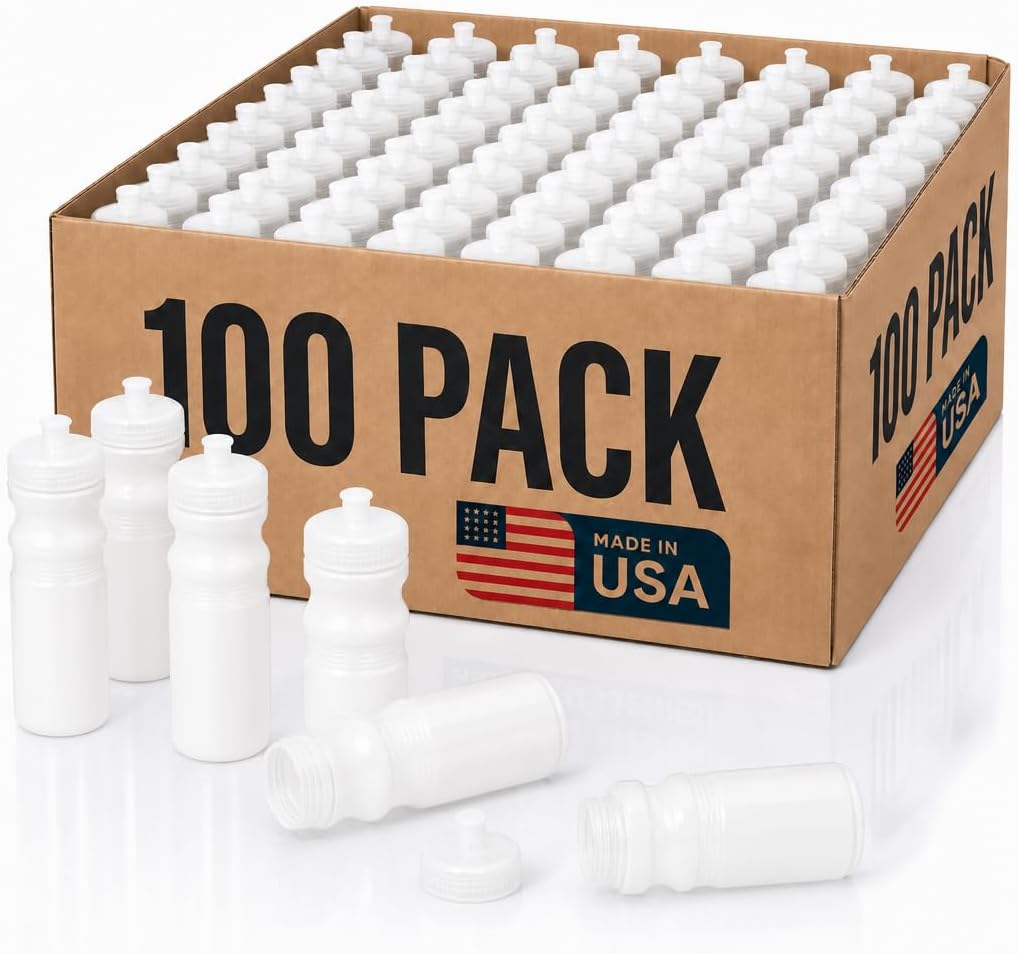 Rolling Sands Reusable Bulk Water Bottles 100 Pack - 20 Oz Sports Water Bottles, USA Made, BPA-Free, Wide Mouth for Easy Cleaning, Dishwasher Safe, Break Resistant