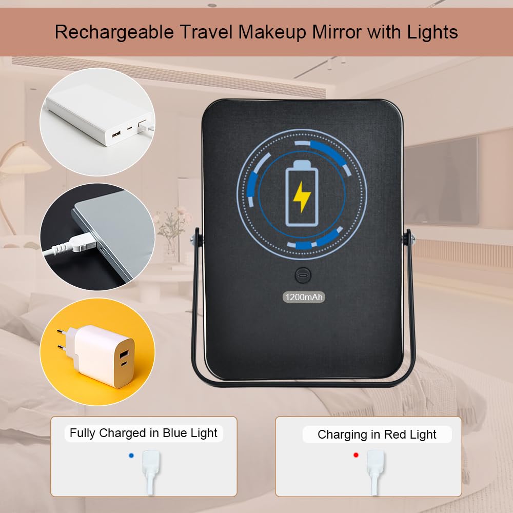 YEKKOPT Rechargeable Makeup Vanity Mirror with Lights, Small Desk Makeup Mirror with Lights, 3 Lighting Modes, Dimmable Touch Screen, Tabletop Light up Mirror
