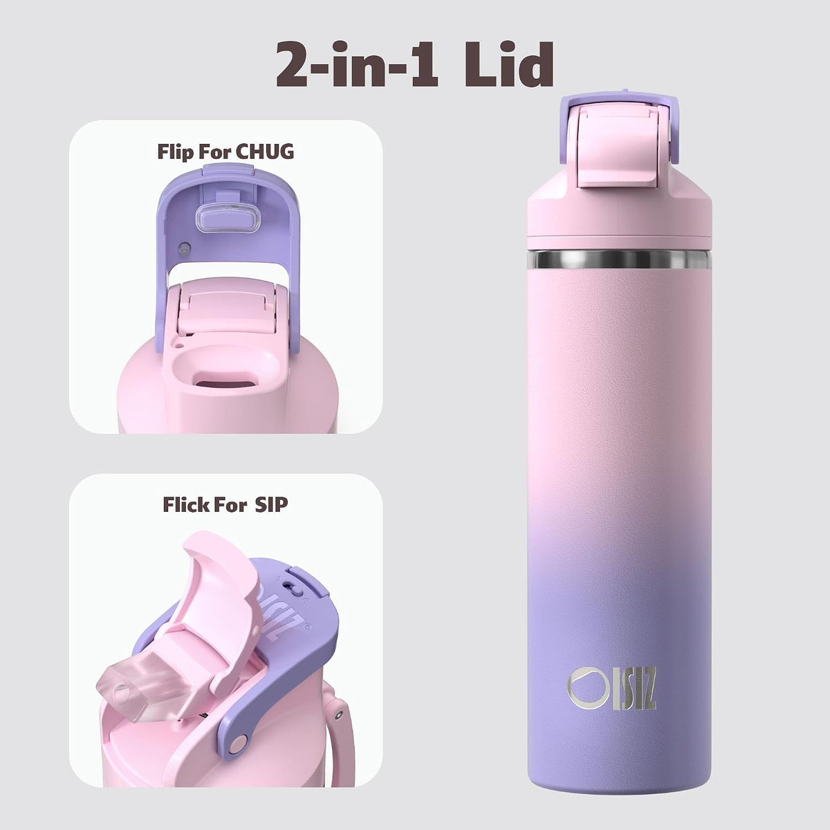 OISIZ Insulated Water Bottle 24 oz with 2 in 1 Spout and Straw Lid,One Click Safety Lock,100% Leakproof,Keep Cold 24H,Vacuum Stainless Steel Water Bottle for School,Travel and Sports,Dishwasher Safe