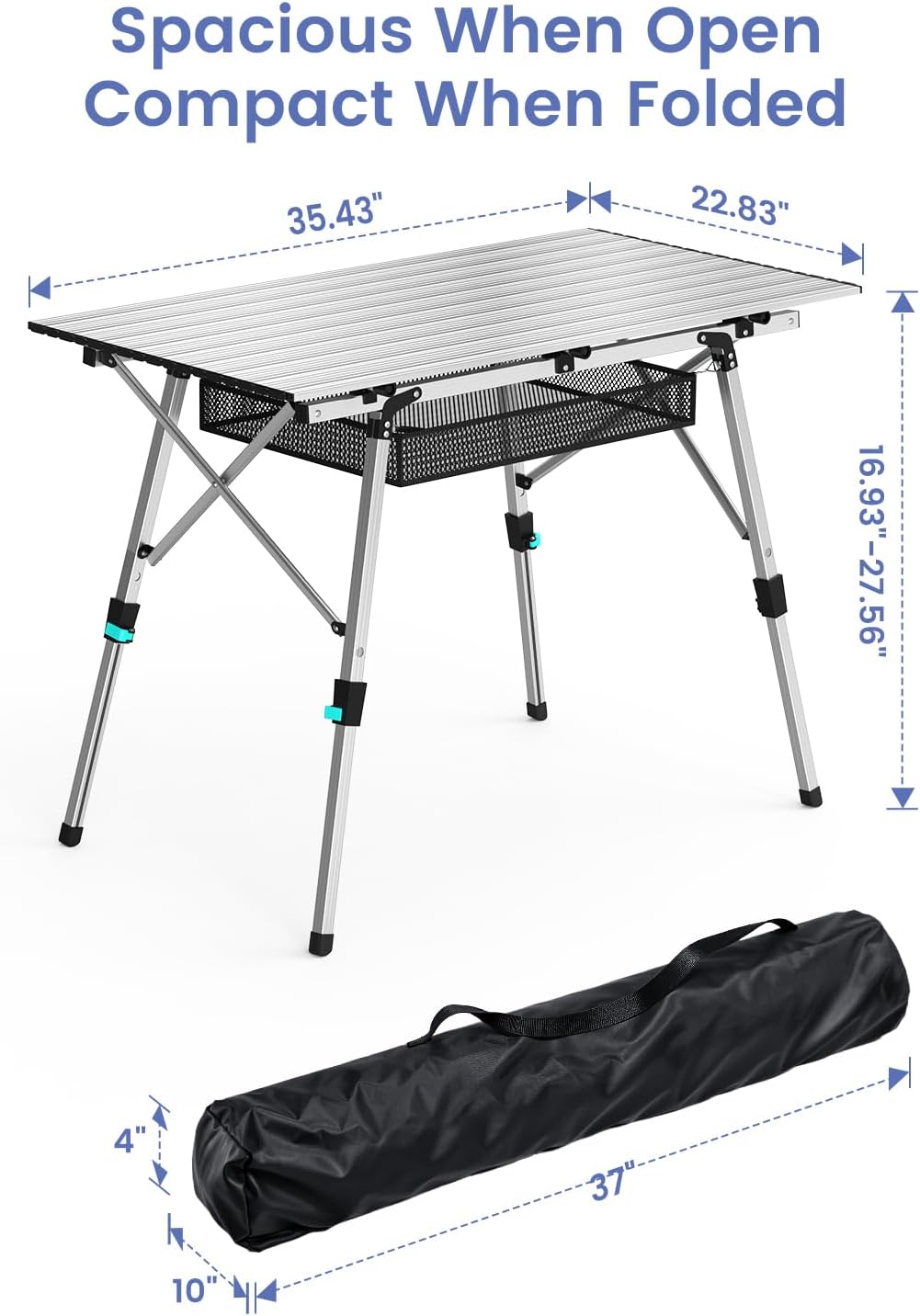 Raynesys Aluminum Folding Camping Table,Adjustable Height & Portable,Silver