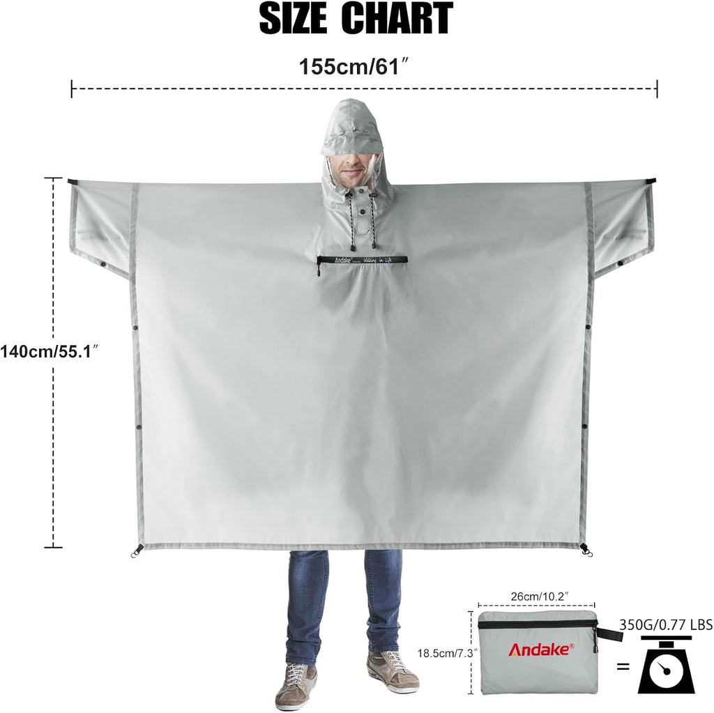 Andake Waterproof Rain Poncho for Adults Unisex,230T Ripstop Polyester,Raincoat Gear with Transparent Viewing Window Outdoors