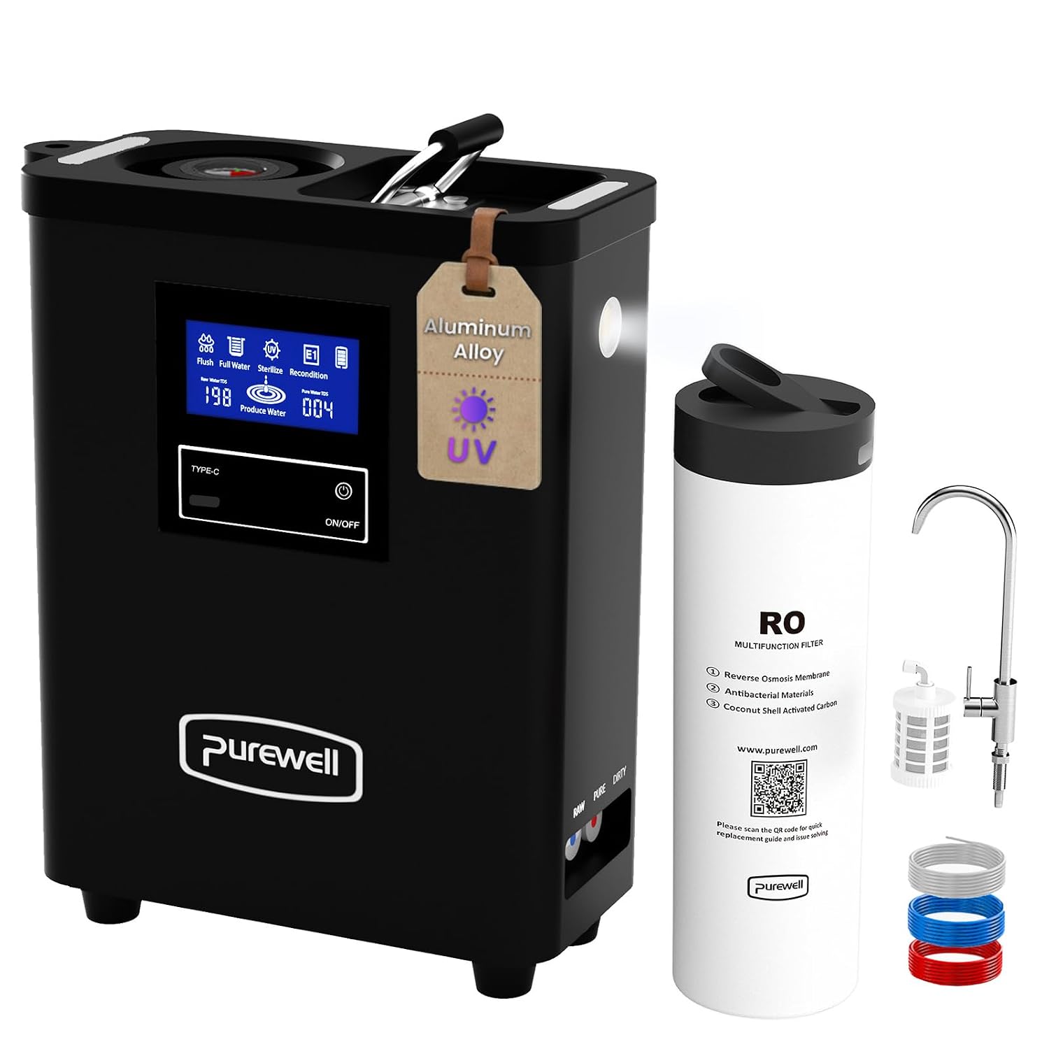Purewell Portable Electric RO Water Filter System with UV Light,Remove PFAS