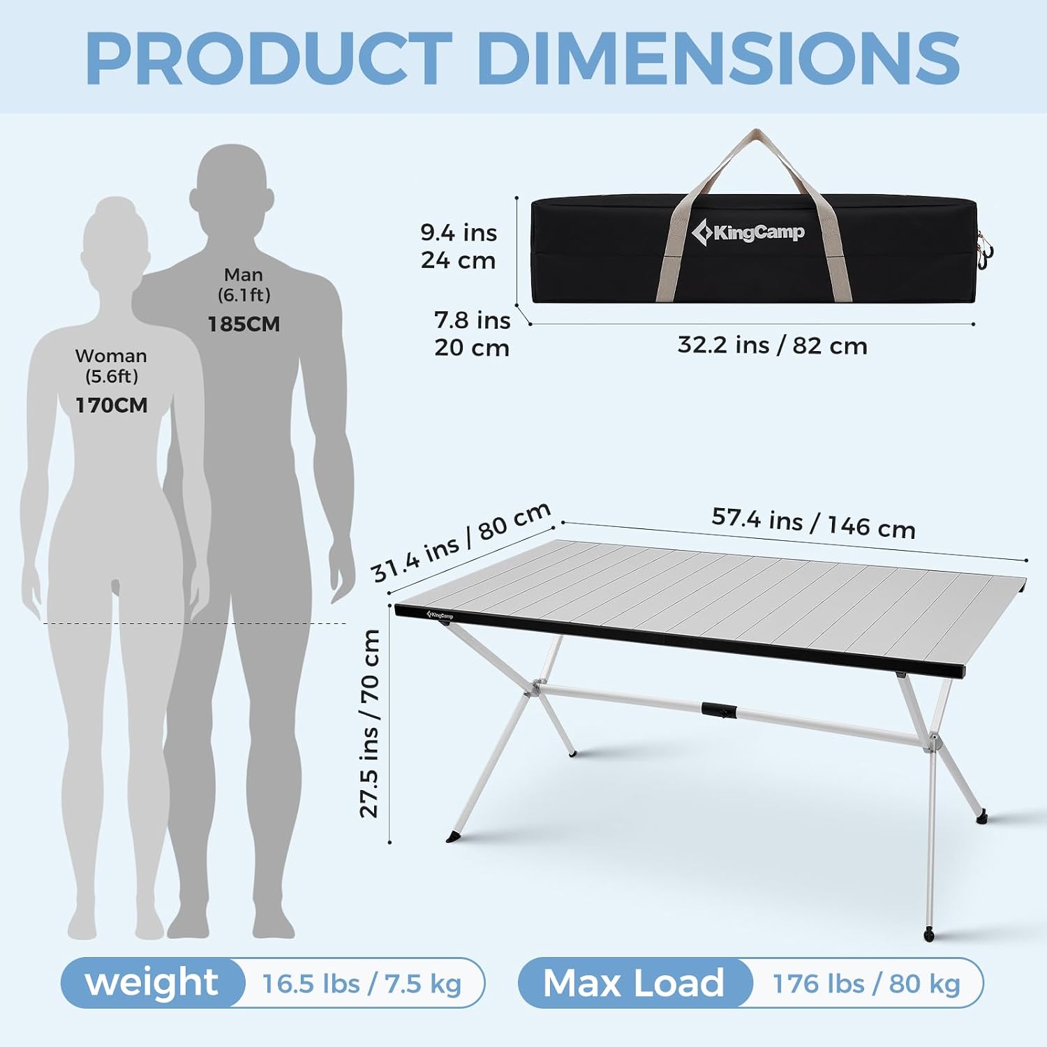 KingCamp 57.4" Oversized Folding Camping Table, Aluminum Roll Up Table