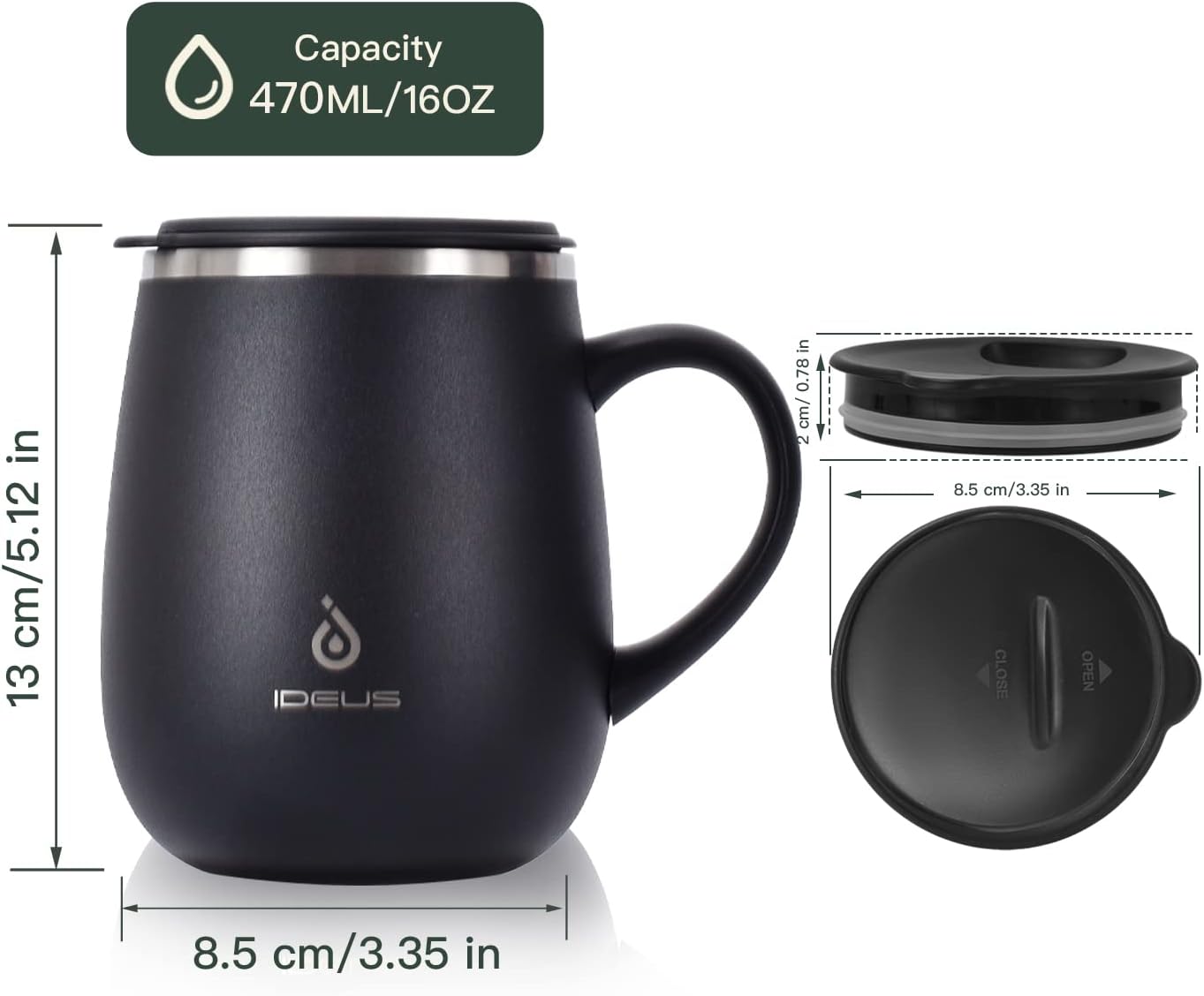 Ideus 16 oz Insulated Coffee Mug with Handle and Lid (Storm Black)