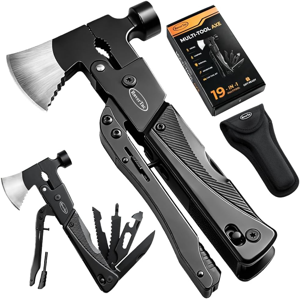 RoverTac 19-in-1 Multi-Tool Axe with Knife, Hammer, Saw, Screwdrivers, Bottle Opener, Nylon Sheath, Camping Tool Survival Gear, Gifts for Men, Dad Gifts, Husband Christmas Stocking Stuffers