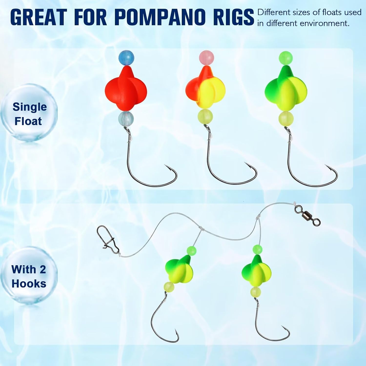 Dovesun 220/104/80/60/54/52/42pcs Pompano Rig Floats for Surf Fishing Foam Bobbers for Fishing Fly Fishing Bobbers Floats Bright Color Kit/Round/Cylindrical/Heart/Bullet/Pill/Spin Shape