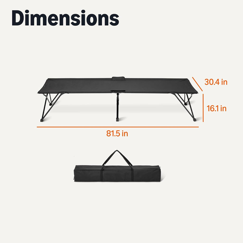Amazon Basics Folding Camping Cot for Adults, 81.5 x 30.4 Inch Twin Size Steel Frame, 350 lb Capacity, Portable with Carry Bag, Black