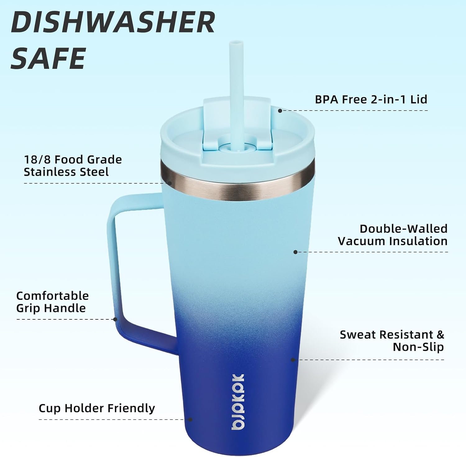 BJPKPK 22oz Insulated Tumbler with Handle, Lid & Straw, Stainless Steel