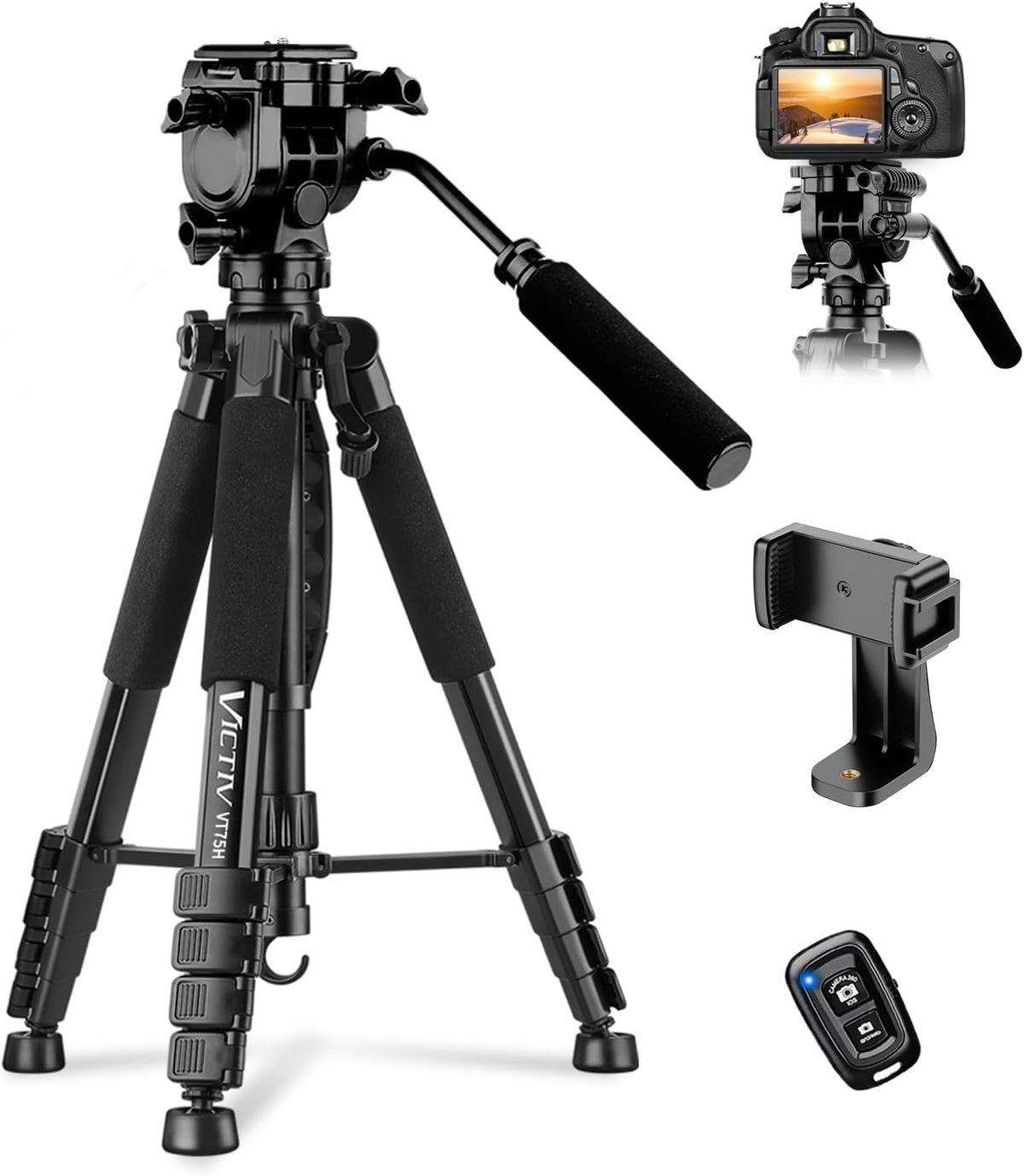 VICTIV 75” Camera Tripod, Tripod for Video Camera with Carry Bag, Black