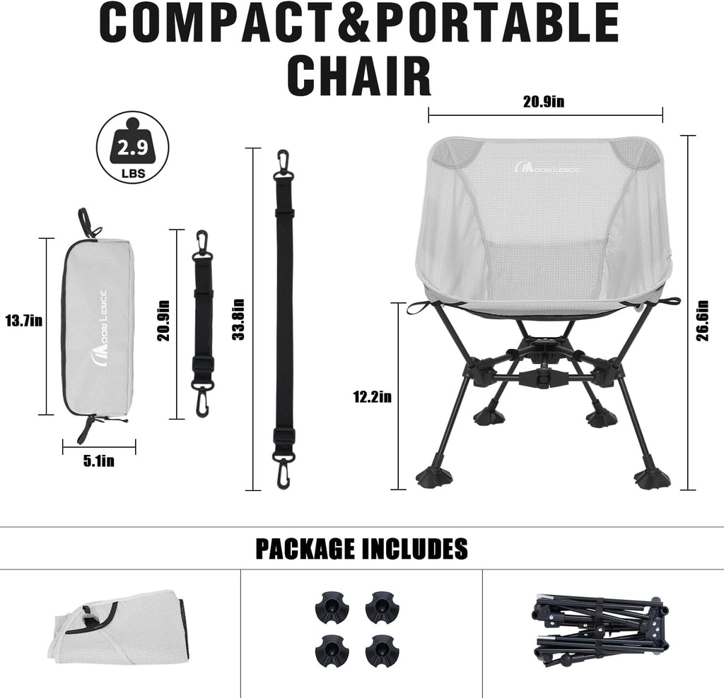 MOON LENCE Portable Camping Chair，Lightweight Backpacking Hiking Chairs,Compact,Foldable,with Anti-Sinking Large Feet for Beach,330 lbs Capacity (Grey, Standard)