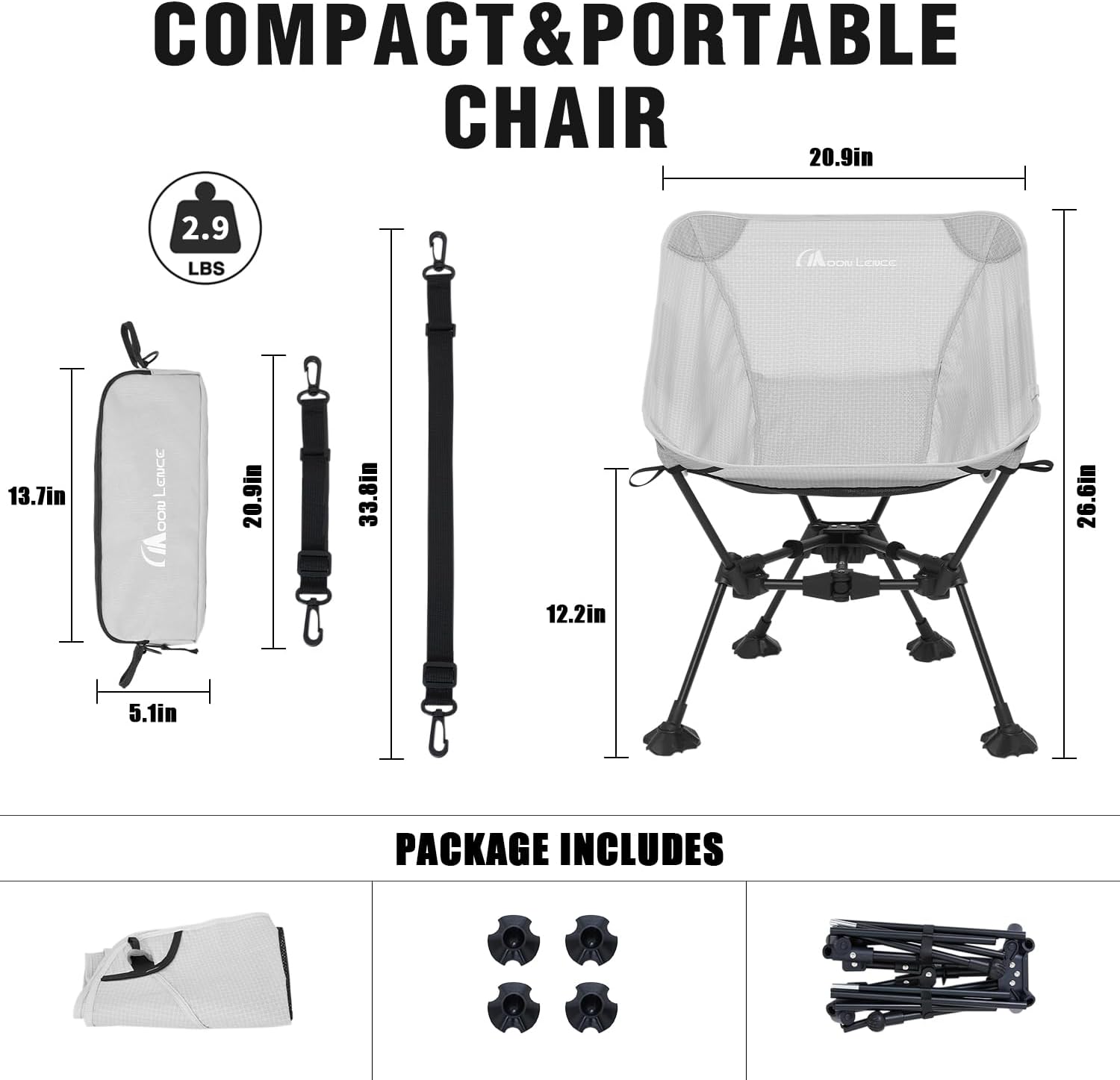 MOON LENCE Portable Camping Chair，Lightweight Backpacking Hiking Chairs,Compact,Foldable,with Anti-Sinking Large Feet for Beach,330 lbs Capacity (Grey, Standard)