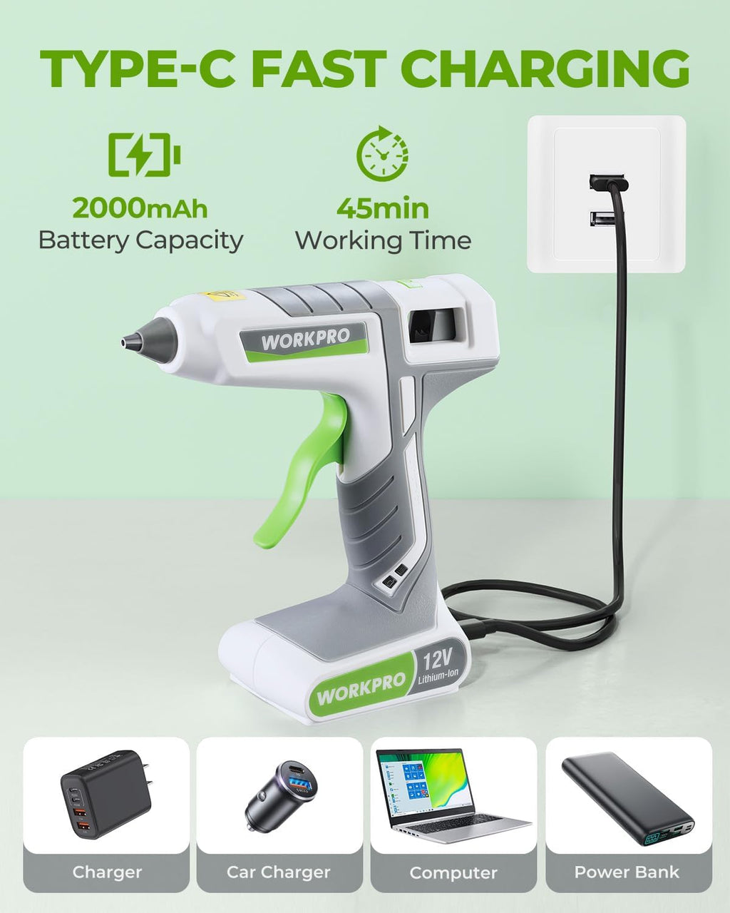 WORKPRO 12V Cordless Full-Size Hot Melt Glue Gun, Fast Preheating, White