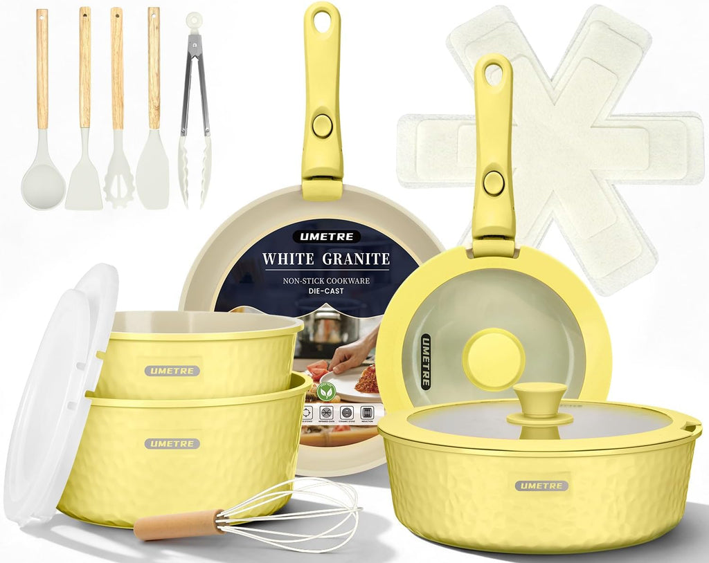 21 Pcs pots and Pans Set, Ceramic Nonstick Cookware Set Detachable Handle, Induction Kitchen Cooking Utensil Set with Removable Handle, Non Stick RV Pans Set, Dishwasher ＆ Oven Safe (yellow)