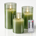 Tyawon Glass Battery Operated LED Flameless Candles with Remote and Timer, Real Wax Candles Warm Color Flickering Light for Festival Wedding Home Party Decor(Pack of 3)-Green