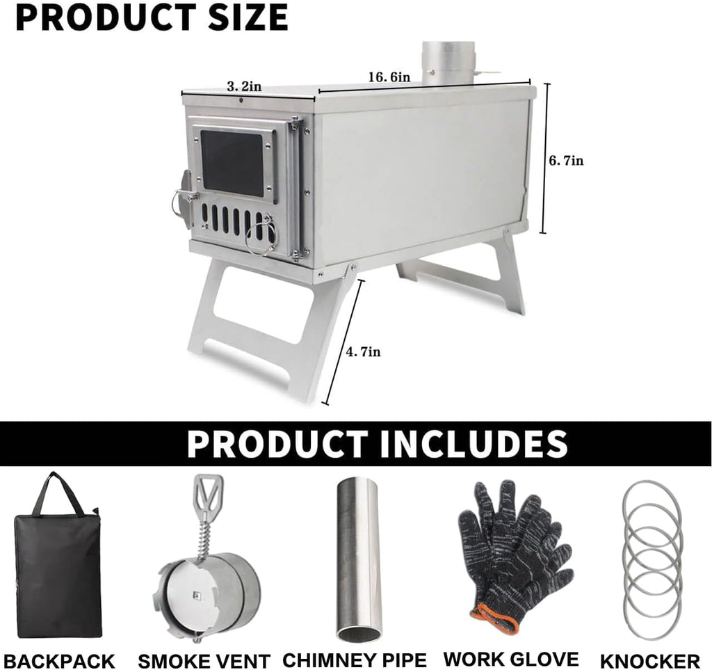 Portable Wood-Burning Stove for Camping with Backpack and 7.2 ft Chimney Pipe; Lightweight and Foldable for Tent, Hunting, Ice Fishing, Travel; Ideal Gift for Campers, Outdoor Accessories