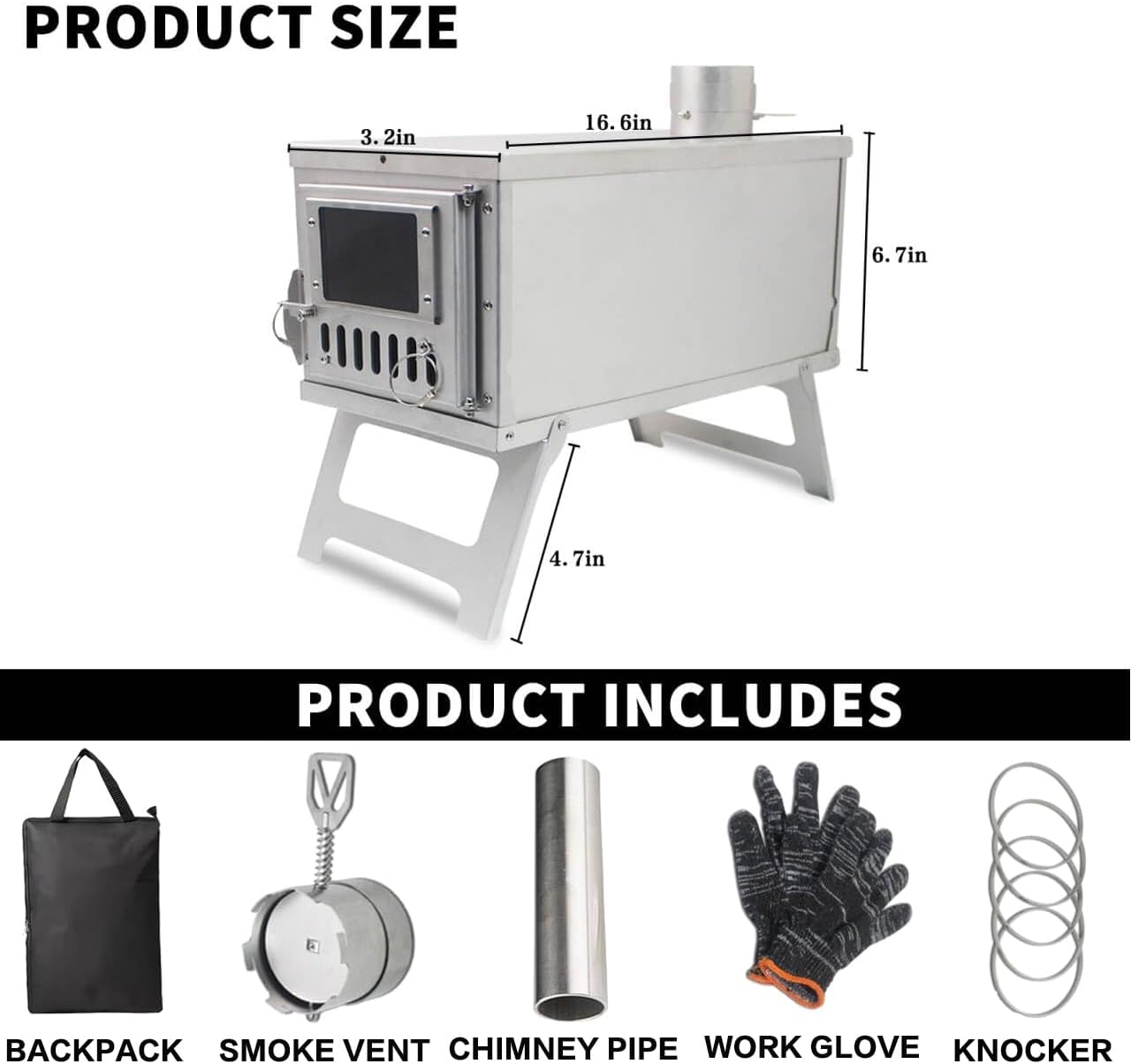 Portable Wood-Burning Stove for Camping with Backpack and 7.2 ft Chimney Pipe; Lightweight and Foldable for Tent, Hunting, Ice Fishing, Travel; Ideal Gift for Campers, Outdoor Accessories